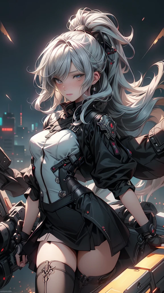 ((Highest quality)), ((Truly a masterpiece)), ((Ultra-detailed:1.4)), ((Ultra-Photorealistic 3D)), Android Magical Girl, Mechanical body, Dynamic action poses for battle scenes, Very complex and heavy fighter aircraft mechanical armament, Off-the-shoulder fashion that combines steampunk and gothic lolita with attention to detail, Intricate steampunk headgear, Very thin、Over-the-knee reggae mechanical boots、Fluttering lace flare mini skirt、 Beautiful small breasts directed upwards、Swaying in the Wind、Long, curly silver hair,、Countless large, shining spheres fly around、Lots of sparks cross and fly、Countless neon lights pouring down from the magical pose、Complex and precise mechanical Night City、Very dark background、Very dramatic and cinematic lighting、Big wings on the back8Growing in Sheets。