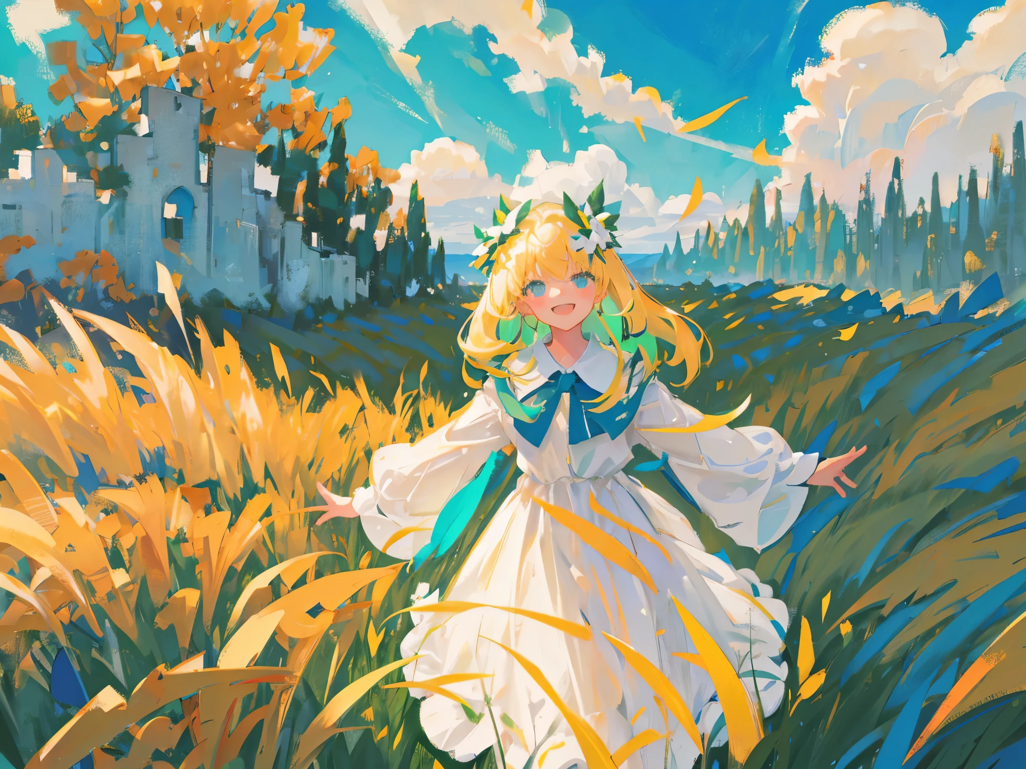 green pastures, detailed sky, clear sky, horizon clouds, detailed ground, girl, portrait , beautiful eyes, smiling, young woman, simple outfit , white two-strap dress ,running with arms outstretched on the grassland, side view from above, golden afternoon sunlight, lens flash , noise particles effect, strong wind , leaves blowing in the wind , shaking the grass, CONCEPT ART