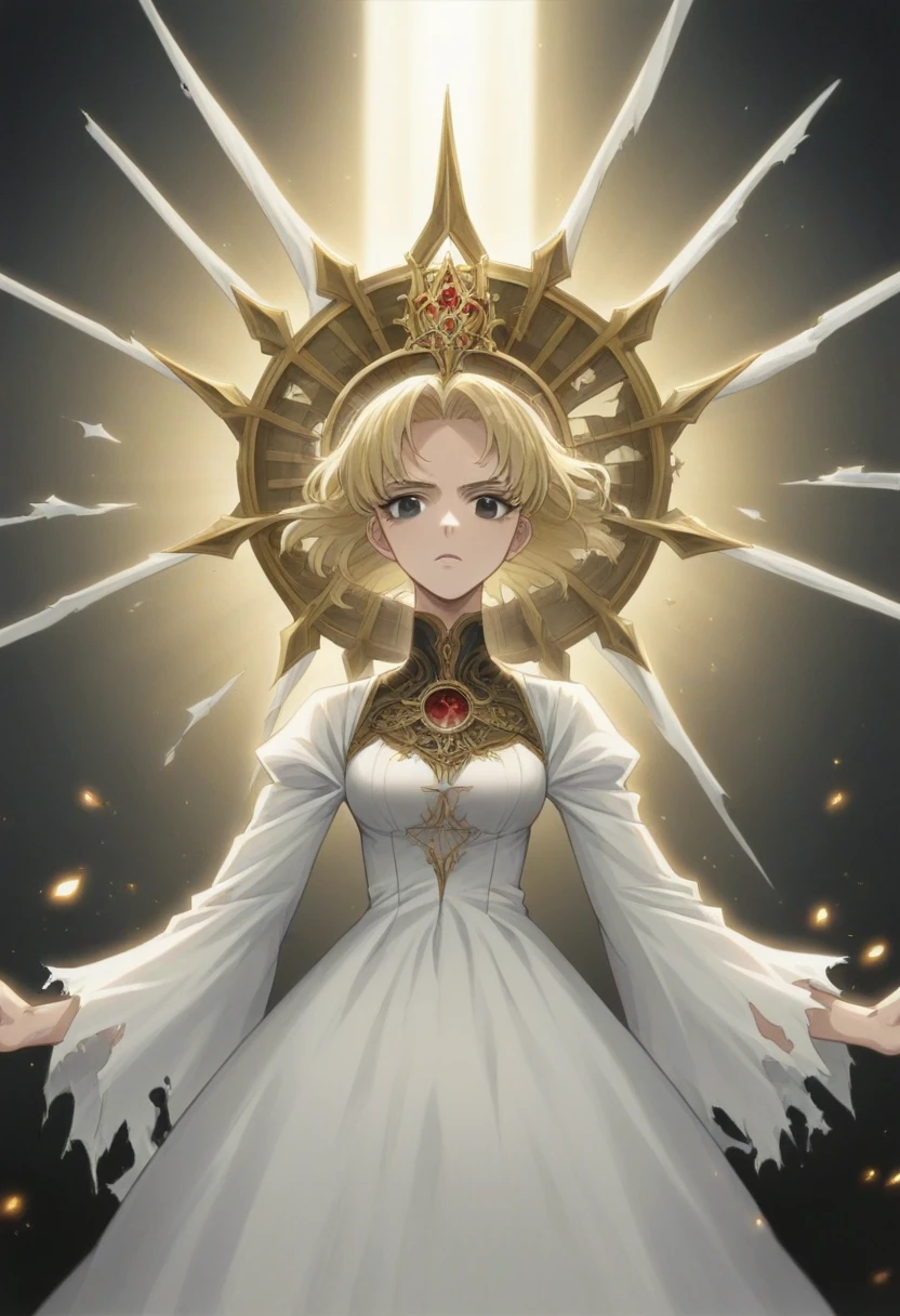 Guoyuu, a deity Like a beautiful young woman in a torn white dress, with deep and dark eyes, with blonde hair and a crown, with her hair falling over her face, Detailed, Dark setting, grainy filter, Noise filter, film photography, film scene, photo, cinematic,A captivating film photograph captures Guoyuu, a celestial being resembling a stunning young woman. She dons a tattered white gown, accentuated by a crown perched atop her blonde tresses that cascade over her face, partially obscuring her enigmatic gaze. Her deep, dark eyes exude an air of wisdom and mystery. The atmosphere is shrouded in a dark and grainy filter, evoking the essence of vintage film photography. The backdrop is a dimly lit, atmospheric setting, enhancing the ethereal aura surrounding Guoyuu., cinematic, photo