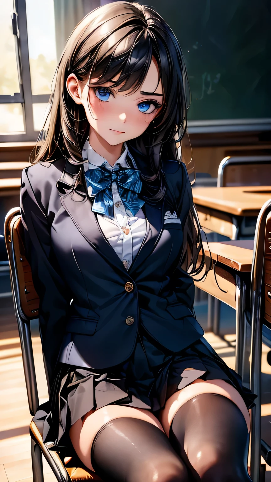 (masterpiece, Highest quality:1.2), (Realistic, photoRealistic:1.3), Browsing Caution, View your viewers, 1 girl, high school girl, Perfect Face, Glowing Skin, (Long Hair),Black Hair, Blue eyes, Long eyelashes, Beautiful Hair, Beautiful Face, Beautiful attention to detail, (Blazer uniform, Pleated mini skirt,Black Stockings), A bow tie, (Tense face),Sitting on a chair in the classroom,Holding a book