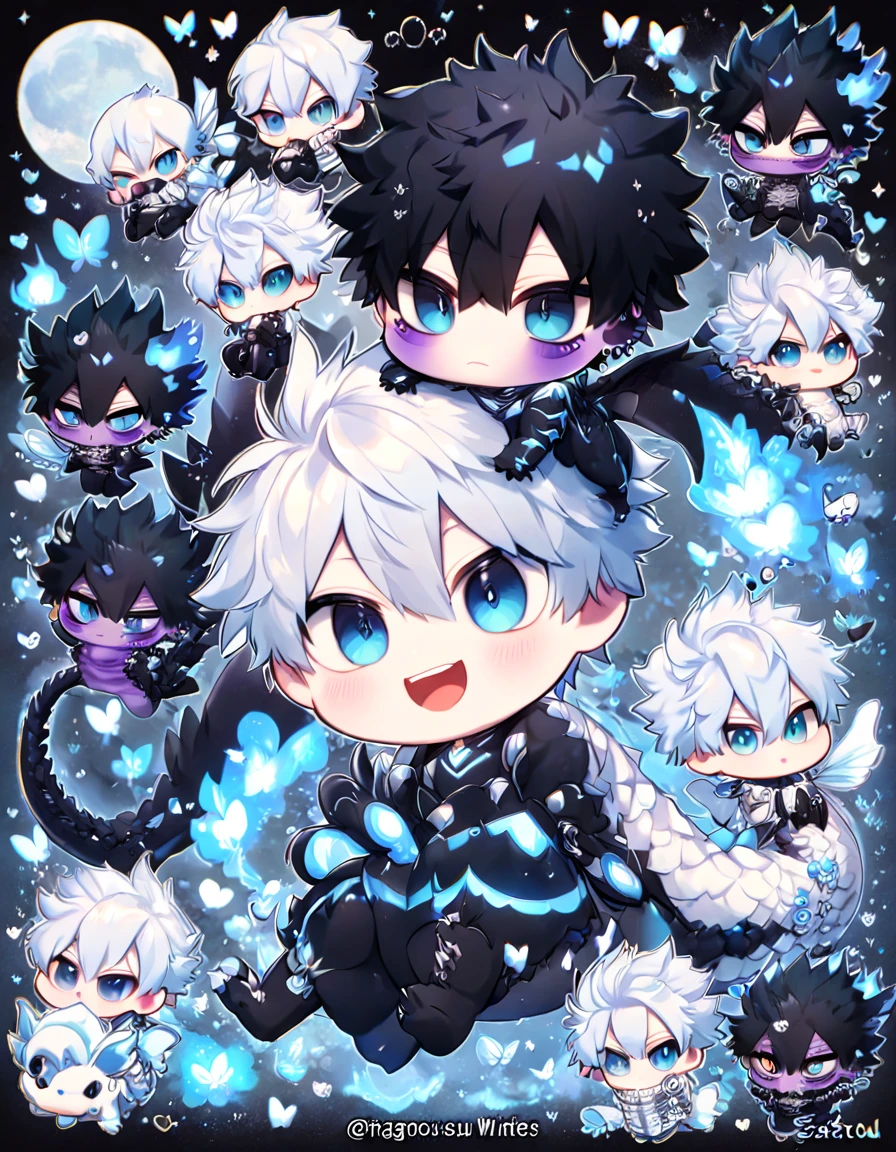 absurdres, highres, ultra detailed, HDR, master piece, best quality, extremely detailed face, delicated features, Dabi as a chibi dragon, black dragon, expressive turquoise eyes, Boku No Hero Academia, Gojou Satoru as a chibi dragon, white dragon, expressive blue eyes, white eyelashes, cute, small, two chibi dragons together, yaoi, gay couple, fantasy, magical, blue fire butterflies, fire flowers, blue fire, blue flames, blue shining moon, blue flames in the background