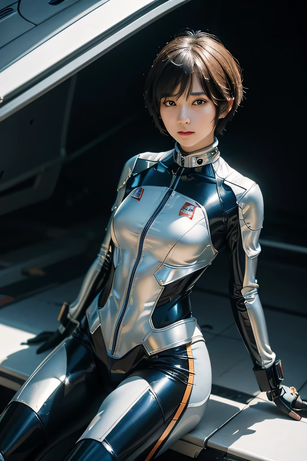 looking at viewer, jinshiponyv5, 1girl, teenager, small breasts, pixie cut hair, expressive poses in a body-tight, shiny mecha pilot suit, simple background.