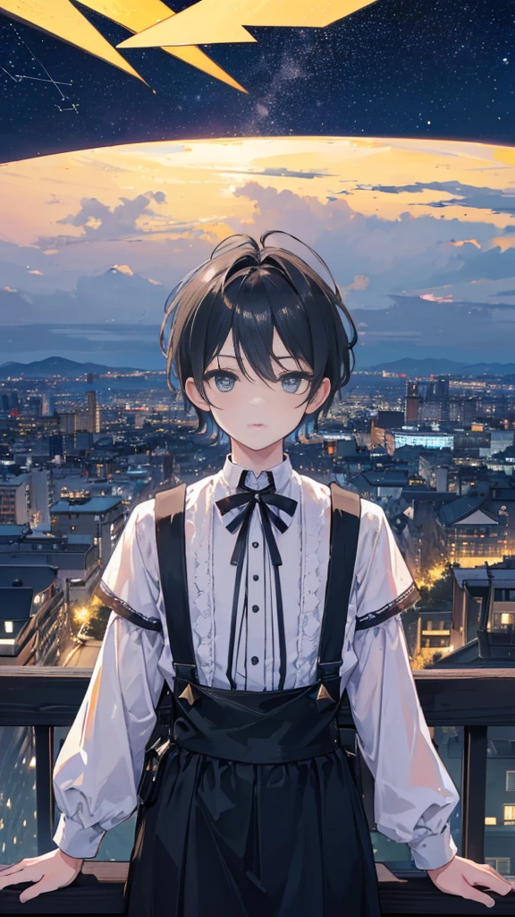 absurdres, highres, masterpiece, best quality, ultra-detailed 8k wallpaper, (detailed beautiful face):1.2, (detailed beautiful eyes)1:1, (1 boy:1.6), solo, (He’s looking at us:1.2), black hair, (summer triangle:1.3), The Star Festival, shining sky, distant horizon, clouds, natural beauty, (night sky, Shining Stars:1.5), (summer triangle:1.5), Residential area seen from balcony, Residential area in the distance, BREAK (very wide:1.3),(panorama view:1.3),(sense of depth:1.5),(long shot:1.3),(magnificent view:1.3)