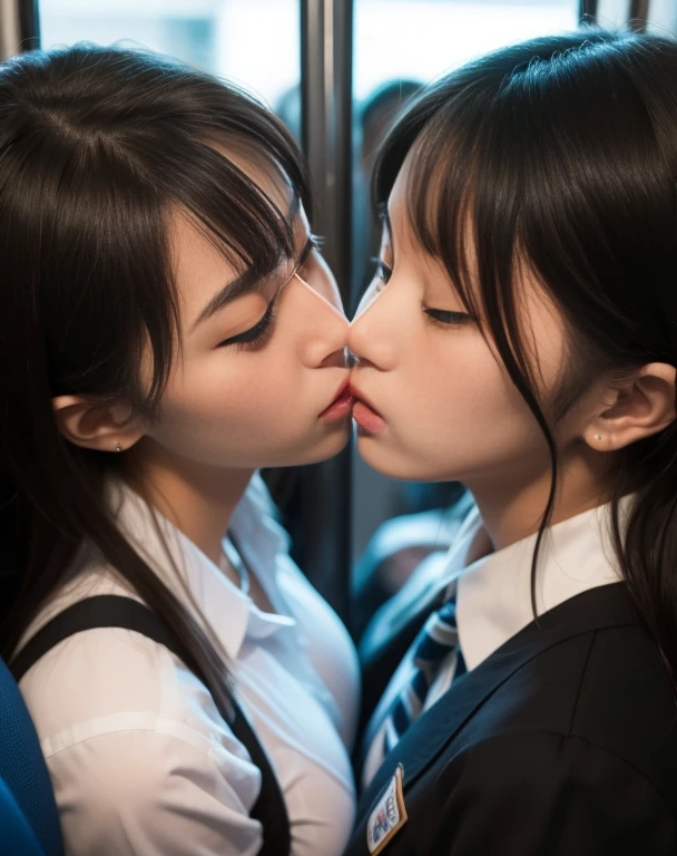 two schoolgirls, kiss, cheeks collide, close contact, angry