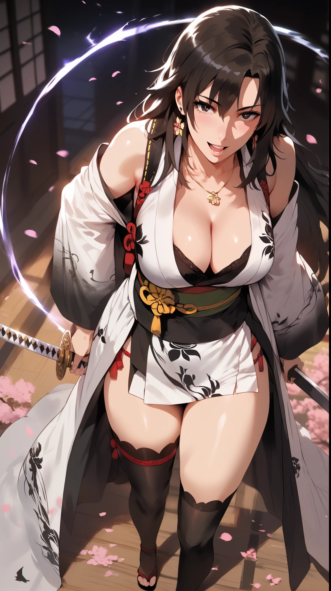 (hews art style:0.7), (hero neisan art style:0.7), score_9, score_8_up, score_7_up, score_6_up, score_5_up, score_4_up, uncensored, shizuka hiratsuka, long hair, black hair, black eyes, BREAK (masterpiece:1.2), best quality, high resolution, (detailed eyes:1.3), perfect lighting, (perfect hands, perfect anatomy), 1girl, breasts, japanese clothes, large breasts, solo, weapon, sword, kimono, magatama, katana, sash, jewelry, thighhighs, cleavage, smile, obi, thighs, earrings, rope belt, magatama necklace, wide sleeves, looking at viewer, white kimono, open mouth, necklace, detached sleeves, grey kimono, cherry blossoms, black thighhighs, holding weapon, holding, holding sword, long sleeves, bare shoulders, dragon print, weapon over shoulder, backlighting, standing, fighting stance, from above, looking back,