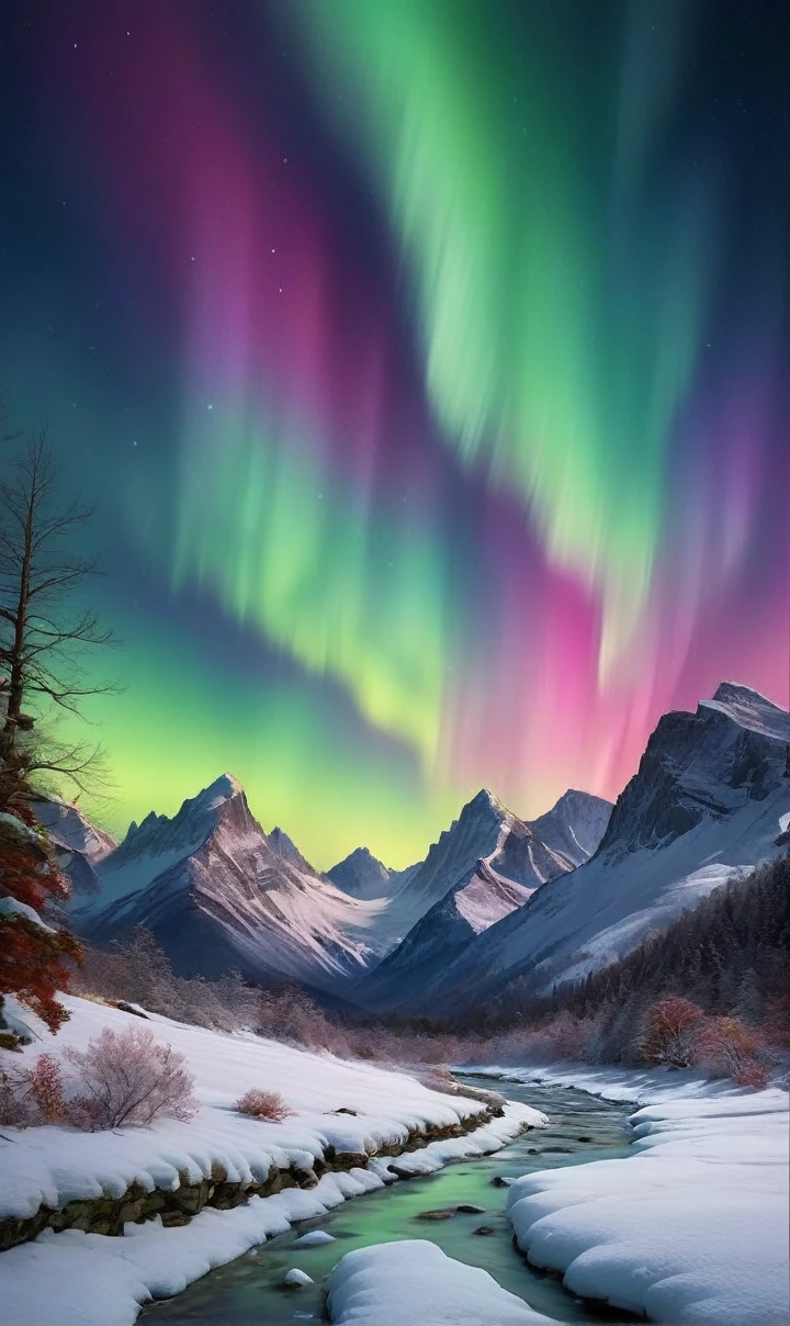 (Highest quality、High resolution,masterpiece:1.2)、Very detailed、Realistic,photo
Realistic、Portraiture、landscape、colorful、Vibrant colors、Fascinating lighting、Ethereal atmosphere、Breathtakingly beautiful aurora filling the sky、Vibrant colors blend seamlessly、Exquisite brushwork、The finer details、Textured brushwork、A fascinating scene、Calm and peaceful、Awe-inspiring natural phenomena、A majestic mountain in the background々I can see、Snow covered ground、Stars shining in the sky々、Distant trees against a vibrant sky々The silhouette of、Magical、Otherworldly atmosphere、Cold, clear air、The delicate and graceful movements of the Aurora、A breeze rustling the leaves、A sense of stillness and wonder