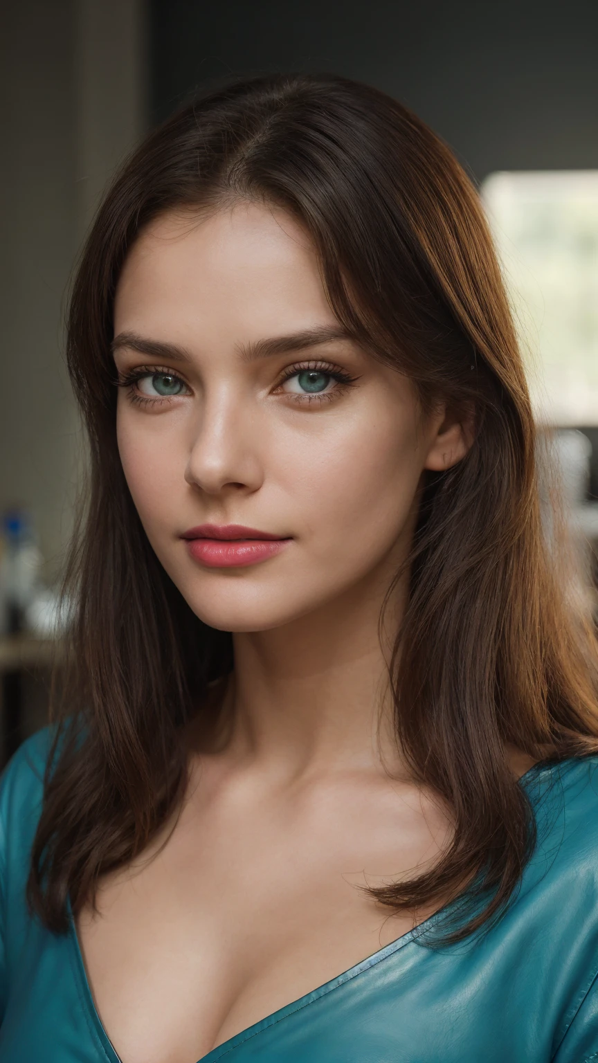 woman, smile, medium neck dress, warm light, shadows, Photograph of a 25 year old woman, (ambivalent facial expression), face looking at camera, full face, portrait, faces are visible more, and the eyes look straight, textured leather cloth, goosebumps, ash mermaid with blond brown long hair, Perfect eyes, realistic skin texture, too much sweat, (ektachrome), Velvia 100 color, shot with Leica T, hips, sharp focus on the subject and face, shot by Peter Lindbergh, bright, realistic look, indian tika on forehead, nose jewelry, African lips, red lipstick, pink slip, big breast, leather bra, leather short, masterpiece, best quality, 5. ((best quality)), ((masterpiece)), ((realistic)), portrait of a young scientists in a lab, (compassionate expression and professionalism:1.2), [caring green eyes], [scrubs and lab equipment], (busy lab environment:1.3), [research setting], (highlighting the dedication to research:1.2), [occupational realism], (8k resolution:1.2), realistic red lipstick, long and brod lips, little smile, realistic skin textures, details of model,