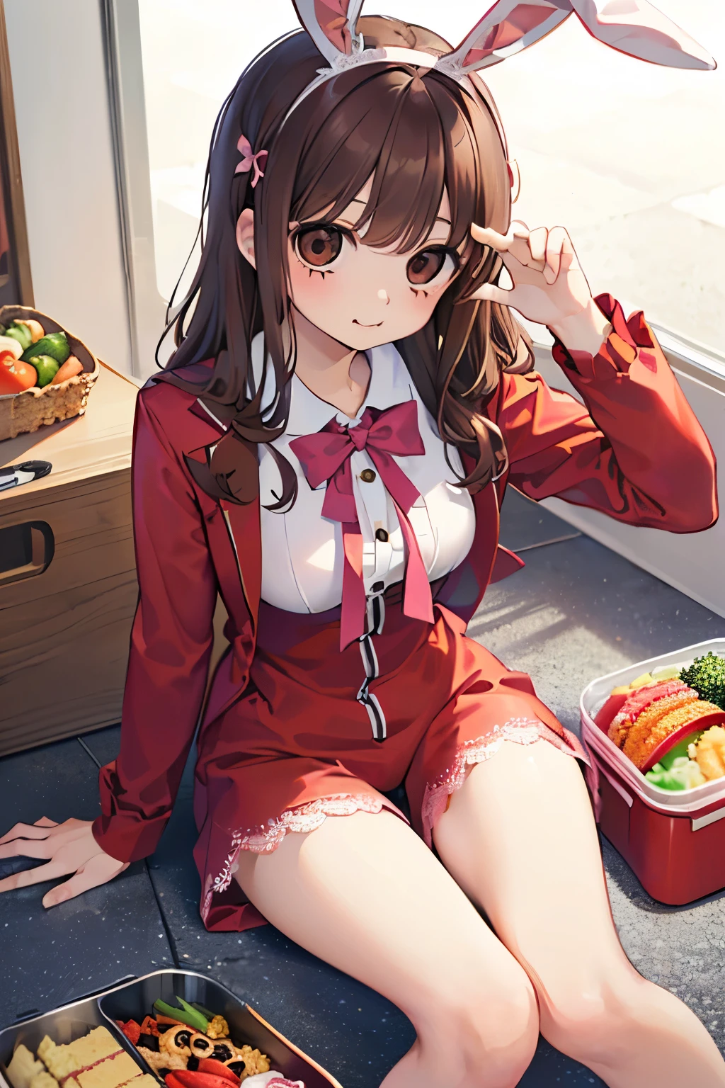 beautiful cute girl,((brown hair:1.2)),(Medium wave hair:1.1),(beige eyes:1.2),(red bunny suit:1.2),((lace:1.2)),(首を傾げる:1.3),(lunch eating:1.1),(Bento:1.25),((Happiness:1.1)),(sexy pose:1.15),(sitting on the floor with one's legs tucked under to one side:1.3).