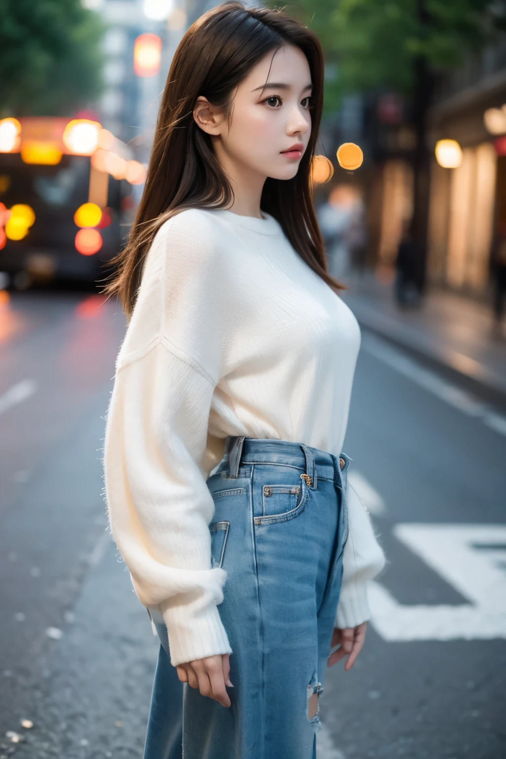 Young woman standing on the street, Blur the background, beautiful, Realistic