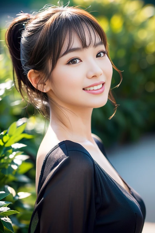 (a gorgeous lady, age 20s, classic black dress that exudes timeless elegance, versatile and sophisticated, posing naturally in a Chinese Garden under night sky, kind smile, dimpled cheeks, short ponytail, short bob hair, cute snaggleteeth, ample round bosom, perfect body anatomy, photorealistic, beautiful detailed eyes, hyper-realism, high contrast, ultra HD, realistic skin textures, top image quality, top-quality, super high resolution, fine details, very meticulously, high angle shot, medium shot, cowboy shot, bokeh background, SFW)