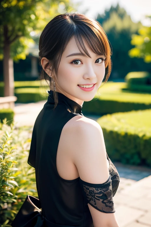 (a gorgeous lady, age 20s, classic black dress that exudes timeless elegance, versatile and sophisticated, posing naturally in a Chinese Garden under night sky, kind smile, dimpled cheeks, short ponytail, short bob hair, cute snaggleteeth, ample round bosom, perfect body anatomy, photorealistic, beautiful detailed eyes, hyper-realism, high contrast, ultra HD, realistic skin textures, top image quality, top-quality, super high resolution, fine details, very meticulously, high angle shot, medium shot, cowboy shot, bokeh background, SFW)