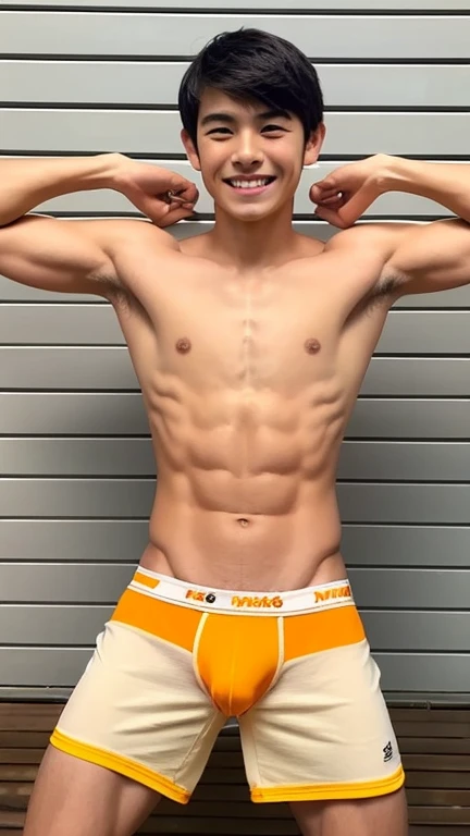 Japanese men、、Muscles and smooth skin、Very short black hair、A relaxed and friendly smile、Orange and yellow thin boxer briefs、The whole body is well visible、Funny Poses、