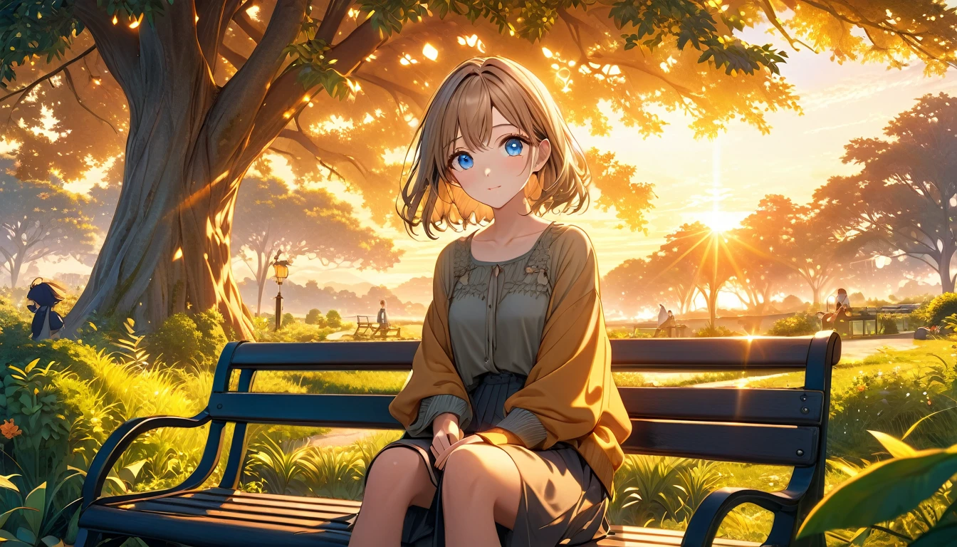 a beautiful sunset over a serene countryside park, a young woman sitting on a bench, detailed face and beautiful eyes, highly detailed, intricate, lush foliage, warm golden lighting, vibrant colors, magical atmosphere, anime style, photorealistic, masterpiece, 8k,very long shot