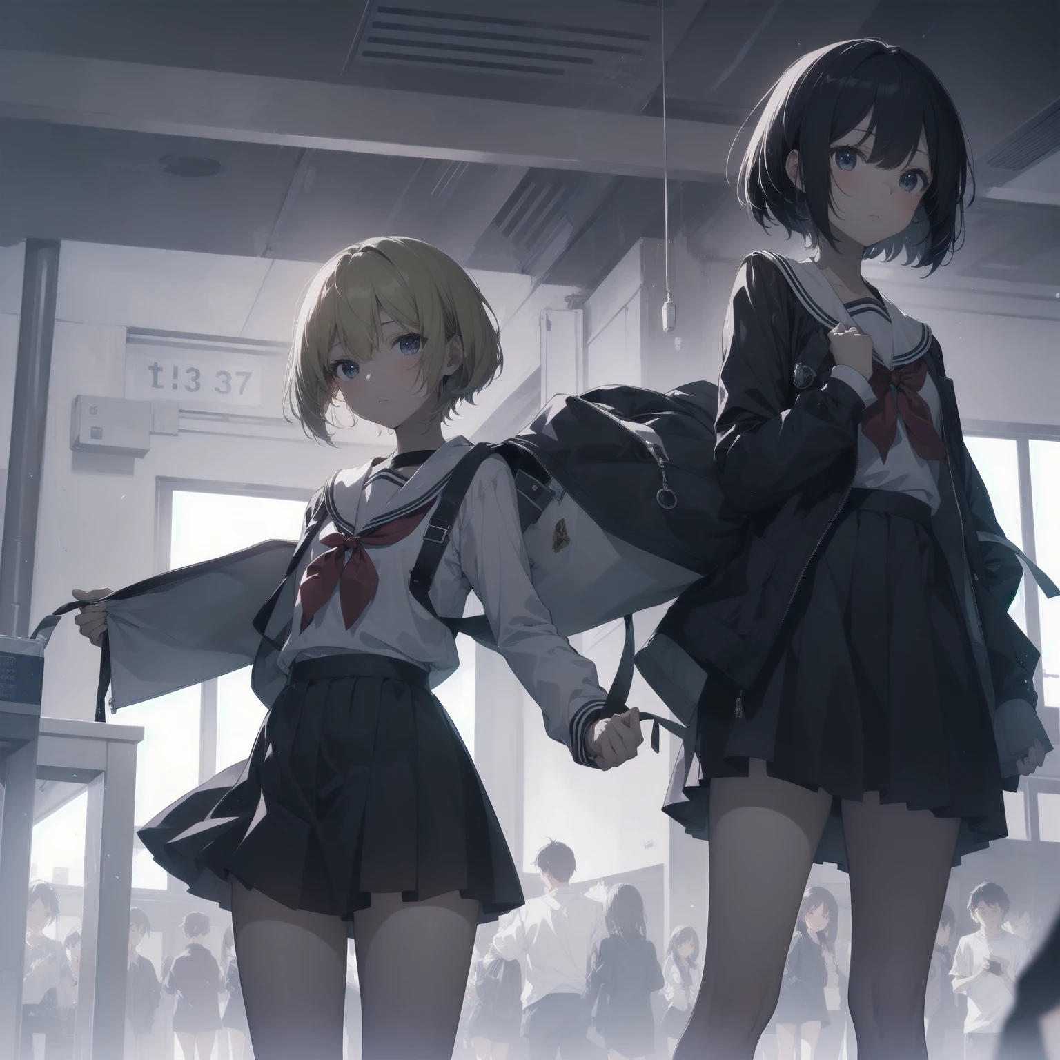 ultra-absurdres-Top quality by artist God, ultra-detailed, high resolution, anime moe artstyle, best anime 8k konachan wallpaper, pixiv contest winner, pool:2810, perfect anatomy,break, 1girl, (Please draw a girl walking sleepily to school alone. )break,(Solo,little female, 13-year-old:1.3),Full limbs, complete fingers,a junior high school student, (very short hair), short cut, flat chest, , small butt, small black eyes, beautiful detailed eyes, well-proportioned iris and pupils, expressive eyes, highres detailed hair, soft expression, salor school_uniform, sailor collar, serahuku, bow, pleated skirt,(Detailed Lighting), (Detailed background), in the School commute route. break,super detailed skin, Best cinematic lighting powered by famous artist, 8k,beauty illustration,photoshop_(medium),very aesthetic,break,((artist:fumihiko (fu mihi ko) )), artist:clamp ,artist:carnelian ,artist:kantoku ,