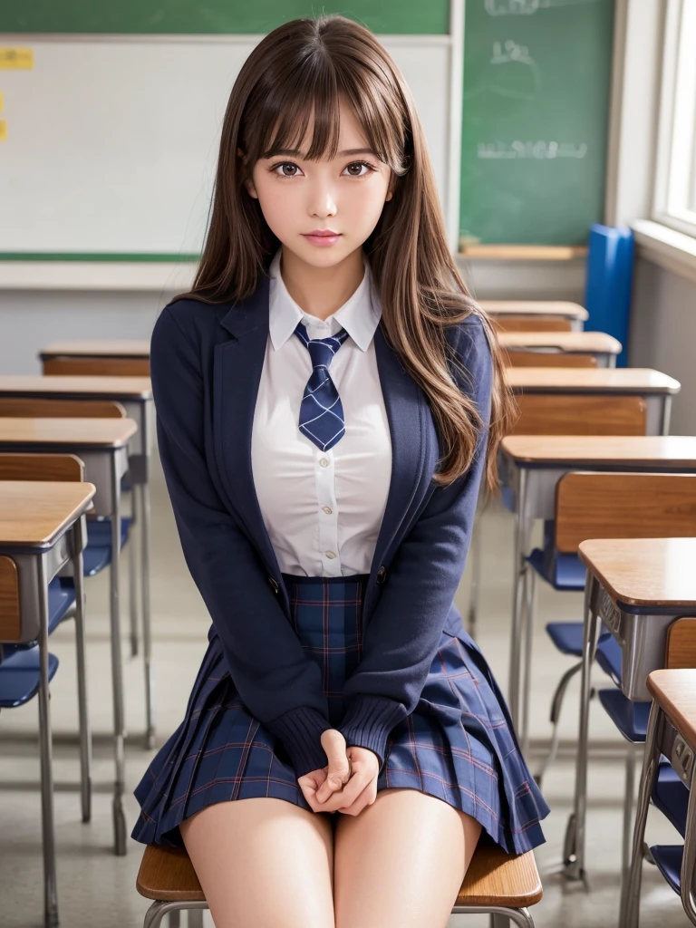 masterpiece,Highest quality,Very detailed,High resolution,(Realistic, photoRealistic:1.37),Excellent anatomy, One beautiful woman,20-year-old,Height: 152cm,high school girl,Crying a little,Gravure idol, high school girlの制服,blazer,(shape),Checkered Pleated Micro Mini Skirt,Navy blue knee-high socks,garter belt,huge,Disheveled uniform,((Very delicate and beautiful)),((High school classroom:1.2)),locker room,Schoolyard,Brown Hair,Long Bob Hair,bangs,Very beautiful face,Cute type,Big Natural Color Lip,Small and cute nose,Big and pretty eyes,Brown eyes,Obvious double,Shiny highlight spots around the eyes,Character Focus,Tilt your head,The best light,Best Shadow,mysterious,Perfect Face,Very detailed, Soft Skin,(Glowing Skin, Sweaty: 1.3),Beautiful feet,Voluptuous thighs,Plump body,hugeな胸,(Expresses the roundness and softness of the chest area.........1), Beautiful body,(The perfect woman),Bold sexy pose,Gravure idolのポーズ