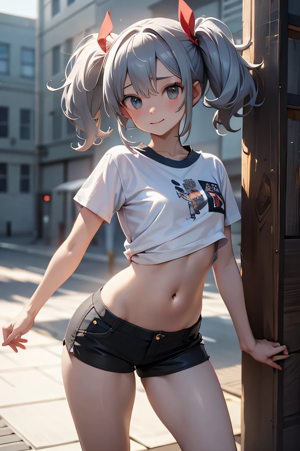 Perfect Anatomy,throw,masterpiece,アニメ,Awards,high quality,High resolution,High resolution,4K,8k,Professional Lighting,View the viewer,Provocative smile,In the heat,(Large Breasts:1.2),Underbust,(small),Thigh Focus,(Close-up of between legs:1.3),Shorts,between legs,(Beveled chest:1.4),(Chewy Breast:1.2),(perspective:1.3),Dream of a dream,T-shirts,Imminent Invasion,Silver Hair,Twin tails,Dirty Sewers