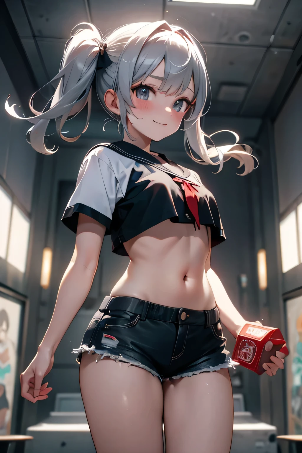 Perfect Anatomy,throw,masterpiece,アニメ,Awards,high quality,High resolution,High resolution,4K,8k,Professional Lighting,View the viewer,Provocative smile,In the heat,(Large Breasts:1.2),Underbust,(small),Thigh Focus,(Close-up of between legs:1.3),Shorts,between legs,(Beveled chest:1.4),(Chewy Breast:1.2),(perspective:1.3),Dream of a dream,T-shirts,Imminent Invasion,Silver Hair,Twin tails,Dirty Sewers