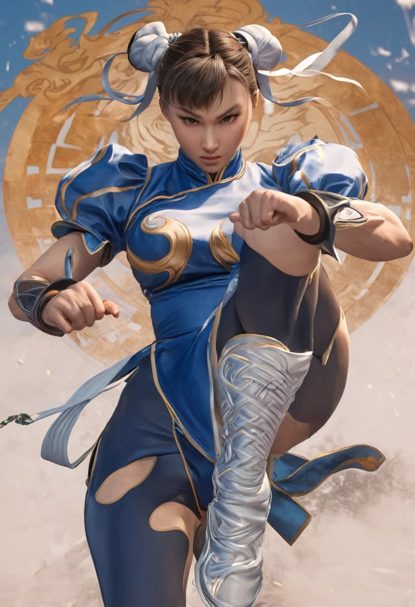 Arafe woman chun-li solo with ponytail haighting Game Fightetness Model、Big breasts about to burst、No exposed skin、thin and long legs,、Fitness Body Shape、Pose ready to fight、battle look, close up