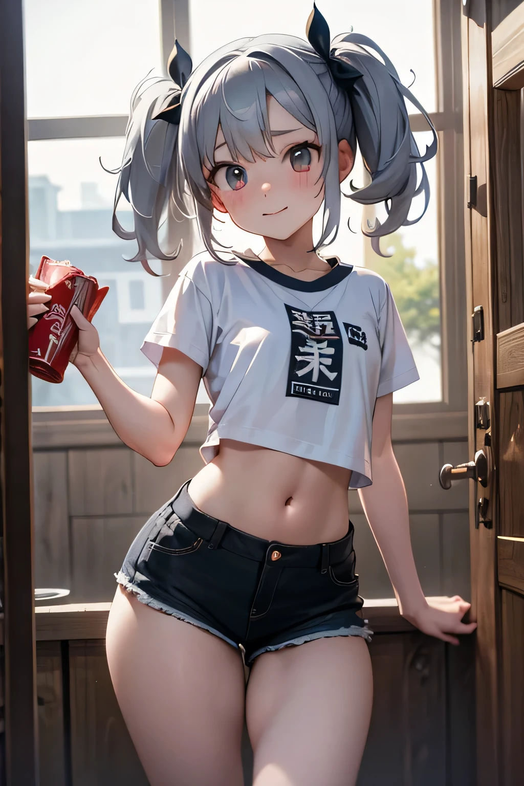 Perfect Anatomy,throw,masterpiece,アニメ,Awards,high quality,High resolution,High resolution,4K,8k,Professional Lighting,View the viewer,Provocative smile,In the heat,(Large Breasts:1.2),Underbust,(small),Thigh Focus,(Close-up of between legs:1.3),Shorts,between legs,(Beveled chest:1.4),(Chewy Breast:1.2),(perspective:1.3),Dream of a dream,T-shirts,Imminent Invasion,Silver Hair,Twin tails,Dirty Sewers