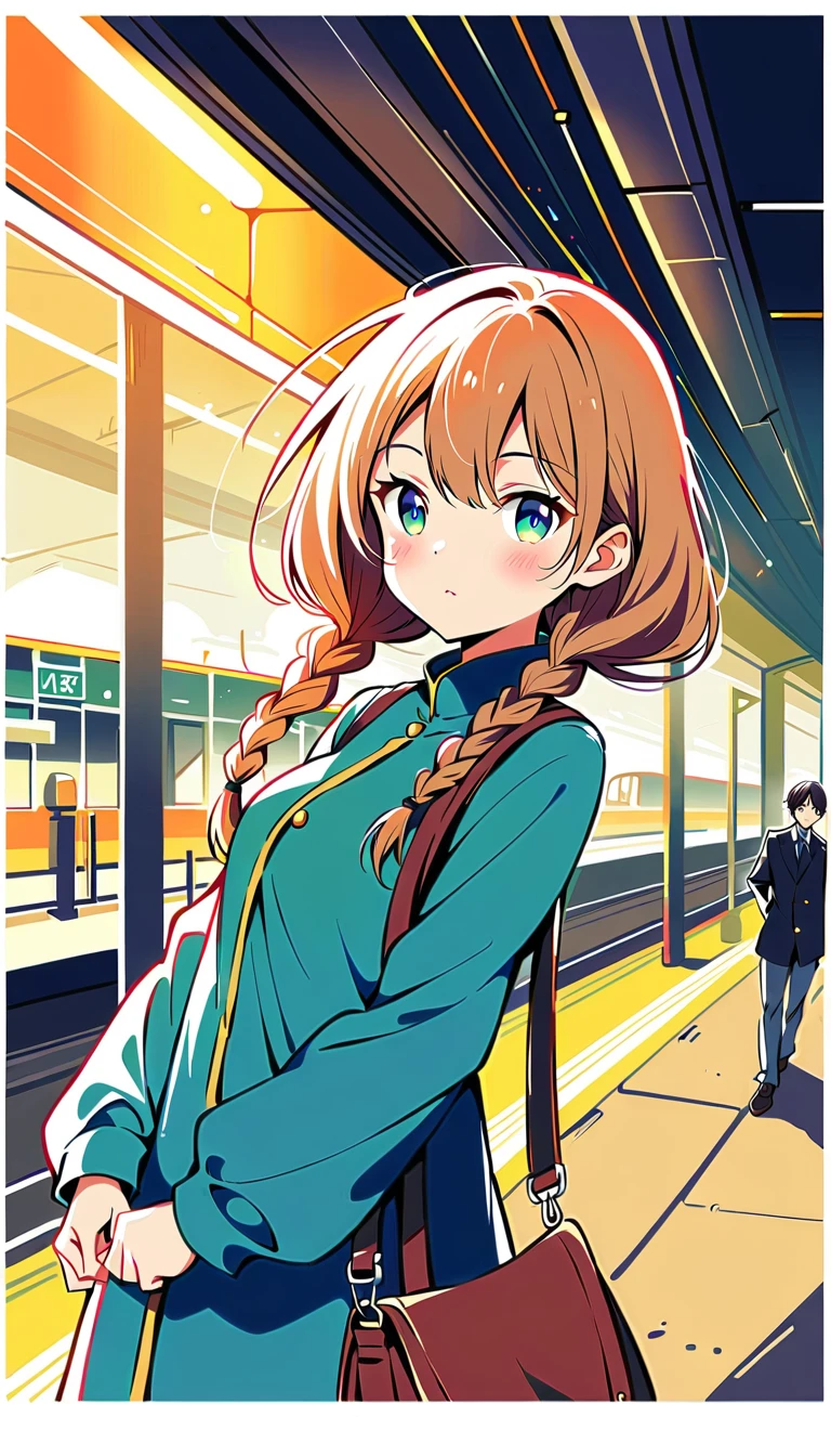 white background, Watase Seizo style, Simple line initials,shining pupils, Well-groomed hair, (train station), (((The Most Beautiful Girl))), Whitetone, vivid colors, vivid colors,
