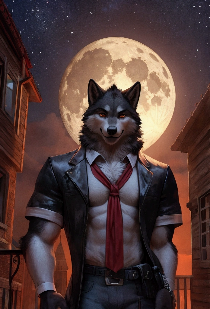 anthropomorphic vampire male wolf under the full moon, 
with short sleeve shirt with red details on,
with visible chest looking on a roof of a 3d house