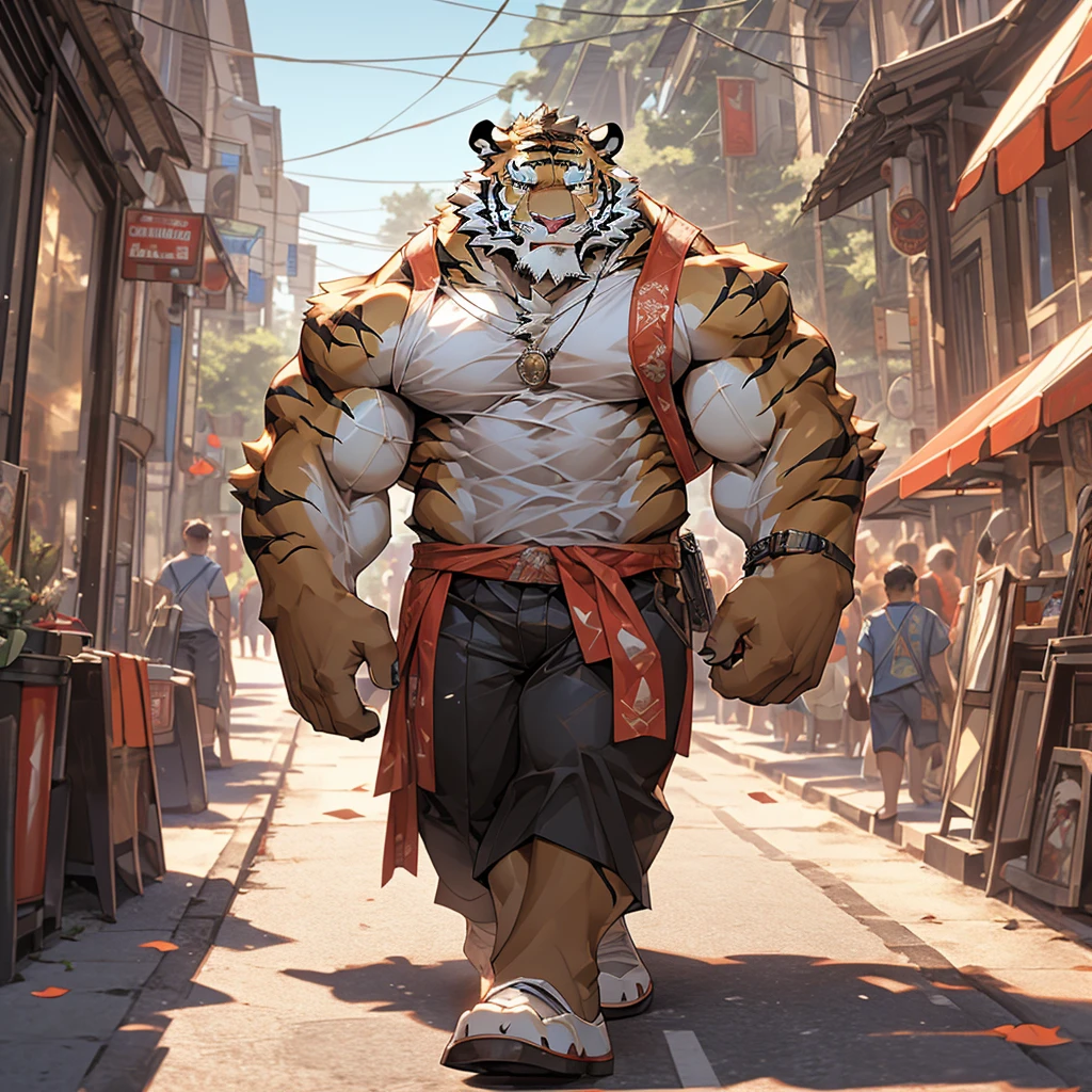 (best quality,4K,8K,high resolution,masterpiece:1.2),Extremely detailed,(Practical,photoPractical,photo-Practical:1.37)summer,Muscular man in casual clothes walking on the road,Tiger drinking ice cola