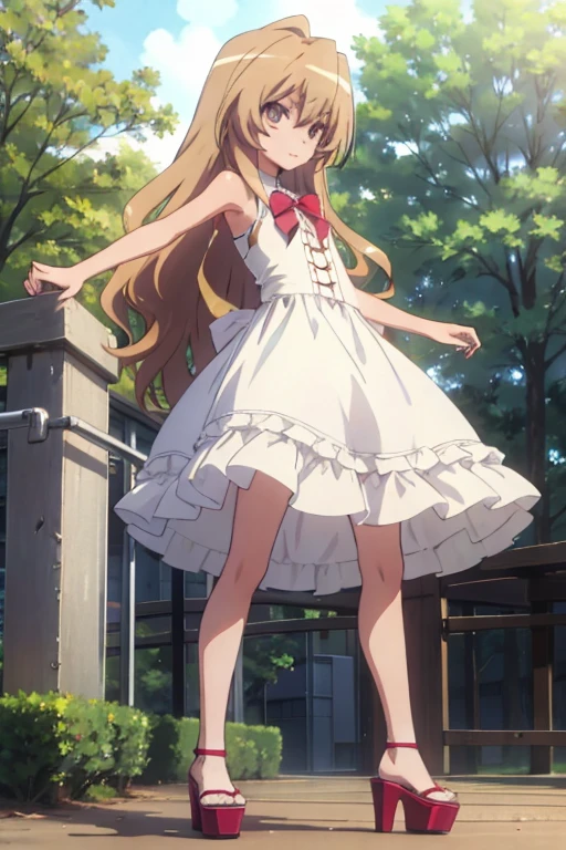 18 year old taiga girl aisaka in white sexy open platform high heels and dress posing in the park 