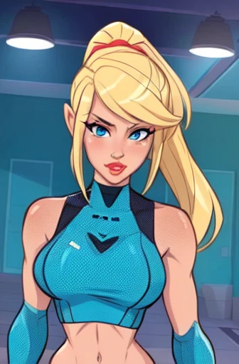 (Masterpiece, Best Quality, High Quality, Highres:1.4), Detailed, Extremely Detailed, Ambient Soft Lighting, 4K, 1Girl, (Solo:1.4), (Samus Aran, Zero Suit, Milf:1.2), Standing, Upper Body, (Face Focus:1.2), (Extremely Detailed Hair:1.2), blonde Hair, long Hair, (ponytail:1.4), (blue Eyes, Looking at Viewer:1.2), big breasts, dark lipstick, eyeshadow, thick eyelashes, (blue zero suit:1.2), scifi,