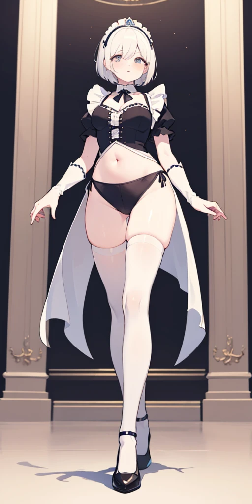 girl curvy,wide hips,white hair,(white thigh high stockings),((very small woman)),(standing),(((full body))),in the room