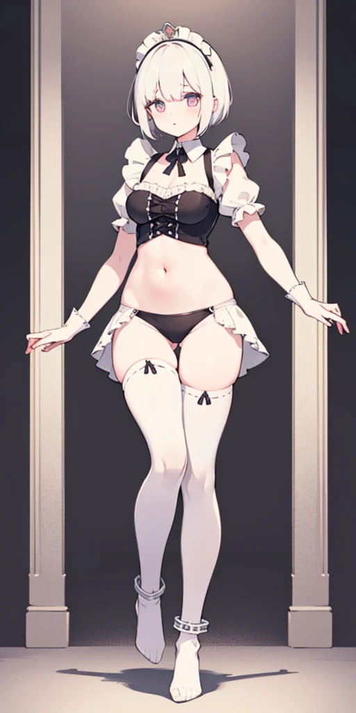 female full body standing straight view from below white hair, short hair, pinched eyes, thin legs, thin body, leather collar fighter, maid outfit Victorian, wide hips, feet together, bracers, tiara, slave crest under navel, navel