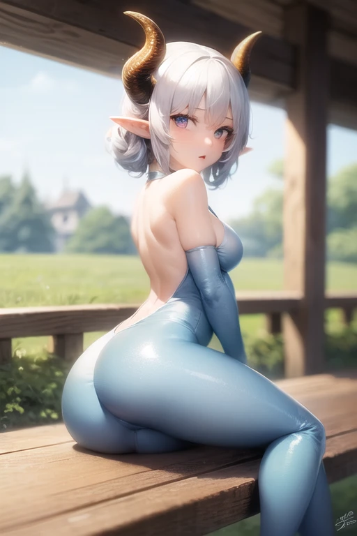 ((best quality)), ((masterpiece)), (detailed), 1girl, height 5 foot 6", eyes pure white [no pupils], skin light blue, hair white,  a set of Fine Clothes consisting of wears a dark cyan body suit, knee high dark blue boots with mock silver linings and small 1 inch heels, a crystalline blue cloth breastplate with icy white linings, connected to an icy blue back skirt that goes down to her knees, now white hair that goes to just past her shoulders, light blue skin, pure white eyes, is 5' 6" long elf like ears, two horns a slightly darker shade of blue then her skin skin coming out of her hair and curling back over/around her horns, and a long slim tail that ends in a spade, frosty breath like in winter, sitting in a fantasy tavern, clear summer weather, a cup of tea on a wooden table