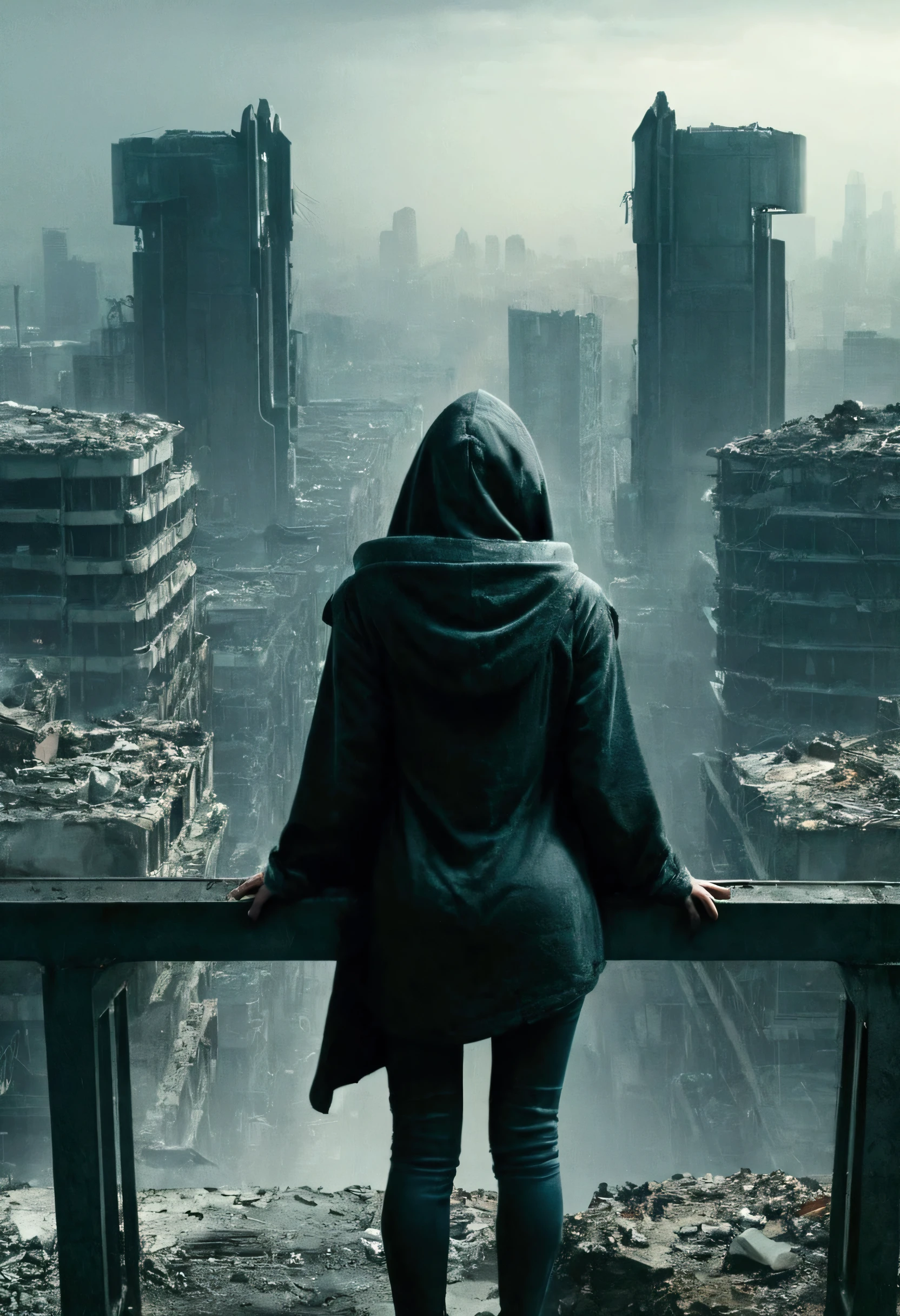 image taken from above and behind the shoulder of a HOODED woman from behind on a second floor balcony of a dilapidated futuristic building, She is looking at an aerial view of an ultrafuturistic North American megalopolis, dthispia, garbage in the streets, dilapidated curved buildings, modern apocalypse, view of the entire city with many wide, cylindrical buildings and metal houses in dark colors, from dark blue to black and in ruins, the apocalyptic city has metallic gray tones, has smoky metal structures , this&#39;it&#39;s raining, there are puddles of water in the streets, apocalyptic industrial environment with smoke and fog around, dark cars on the streets, there are wide, long and forked viaducts in the middle of the city, desert megalopolis, modern metal rails and trains passing through the city streets, tall futuristic metal buildings, many ultramodern buildings around, , as realistic as possible, as detailed as possible, PICTURE REALISTIC, Science fiction
