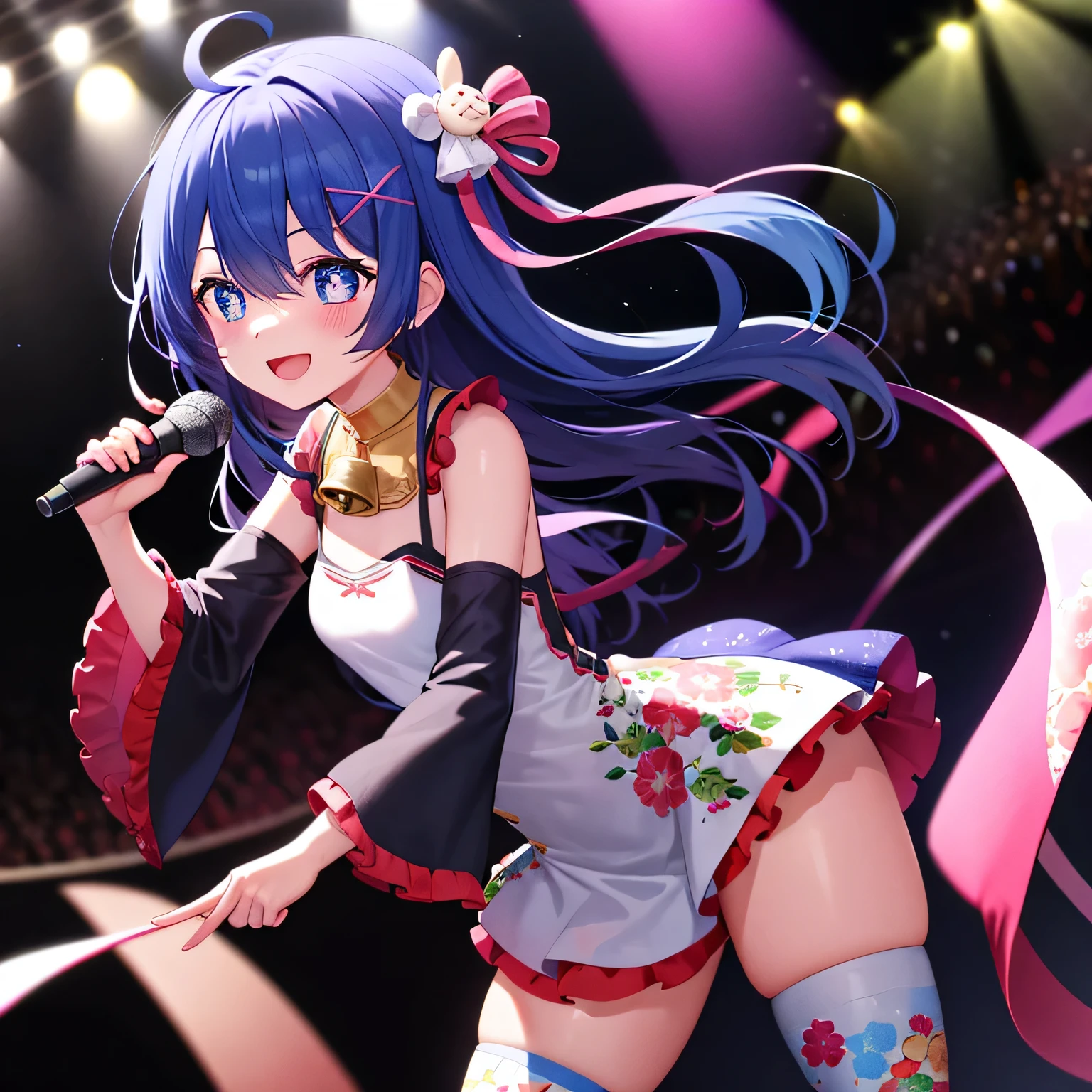 masterpiece, top-quality, Hi-Res, rem, 1girl, star-shaped pupils, blue eyes, solo, Ahoge, x hair ornament, A blue-haired, Single thigh, floral-print, hair clips, sideboob barbosa, hair bell, with floral pattern, length hair, hair between eye, one side up, white thigh high, Asymmetrical legwear, Wide sleeves, bust-up, stage, idol, microphone, smile, open mouth