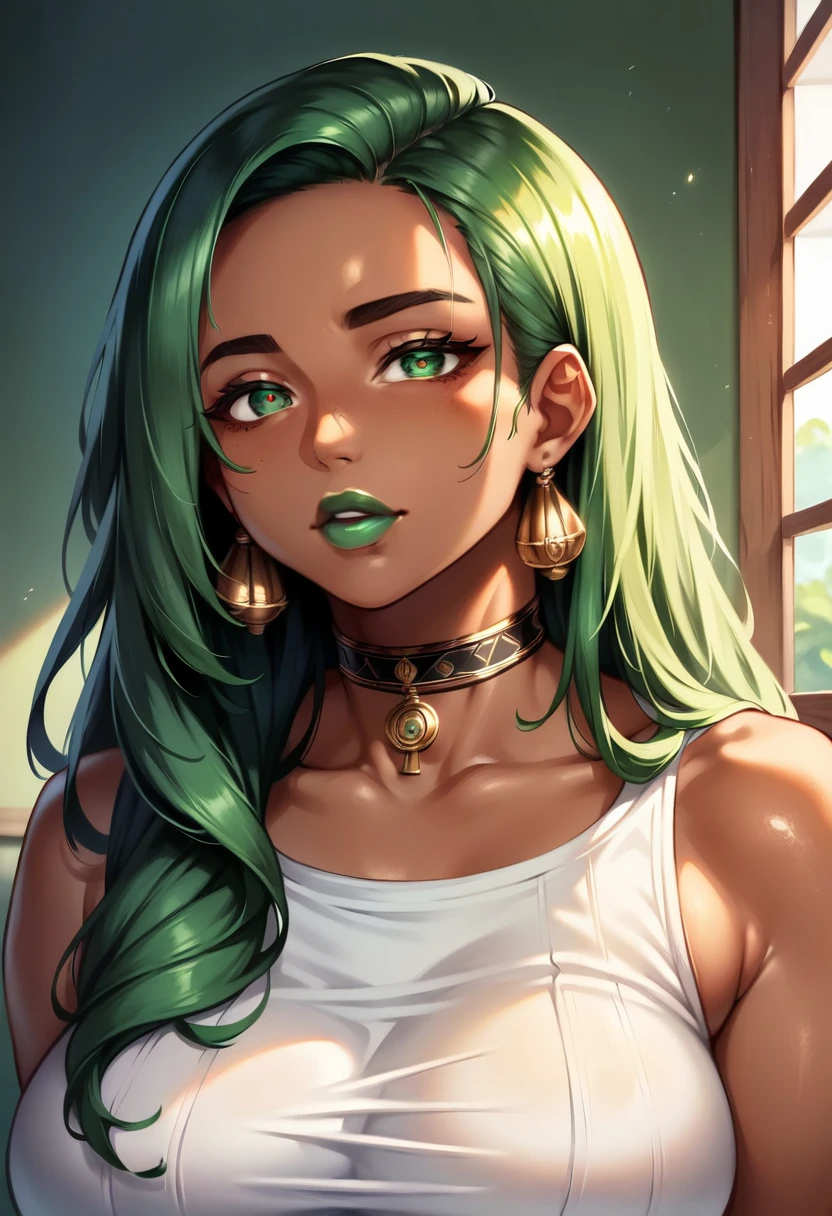 (high-level image quality), (hight quality), (hight resolution), (detailed), (masterpiece), beautiful woman, ((african skin)), green hair, long hair, green lipstick, black choker, green eyes, aroused, Detailed eyes, perfect eyes, Detailed face, ((school)),