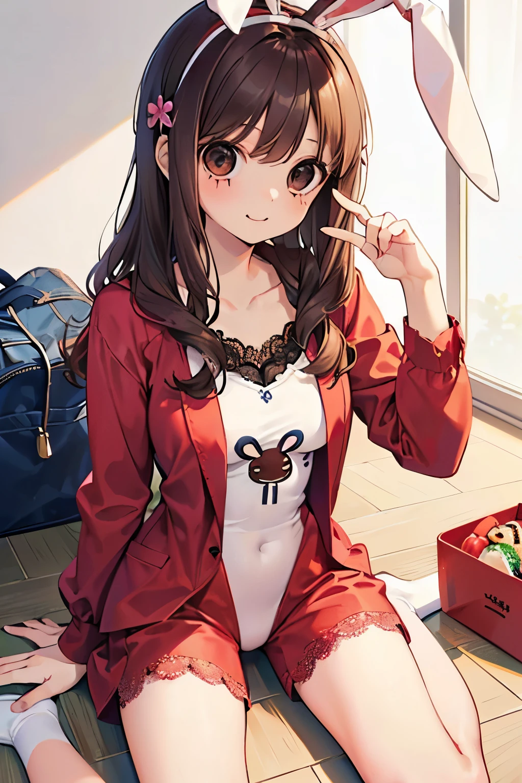 beautiful cute girl,((brown hair:1.2)),(Medium wave hair:1.1),(beige eyes:1.2),(red bunny suit:1.2),((lace:1.2)),(首を傾げる:1.3),(lunch eating:1.1),(Bento:1.25),((Happiness:1.1)),(sexy pose:1.15),(sitting on the floor with one's legs tucked under to one side:1.15).