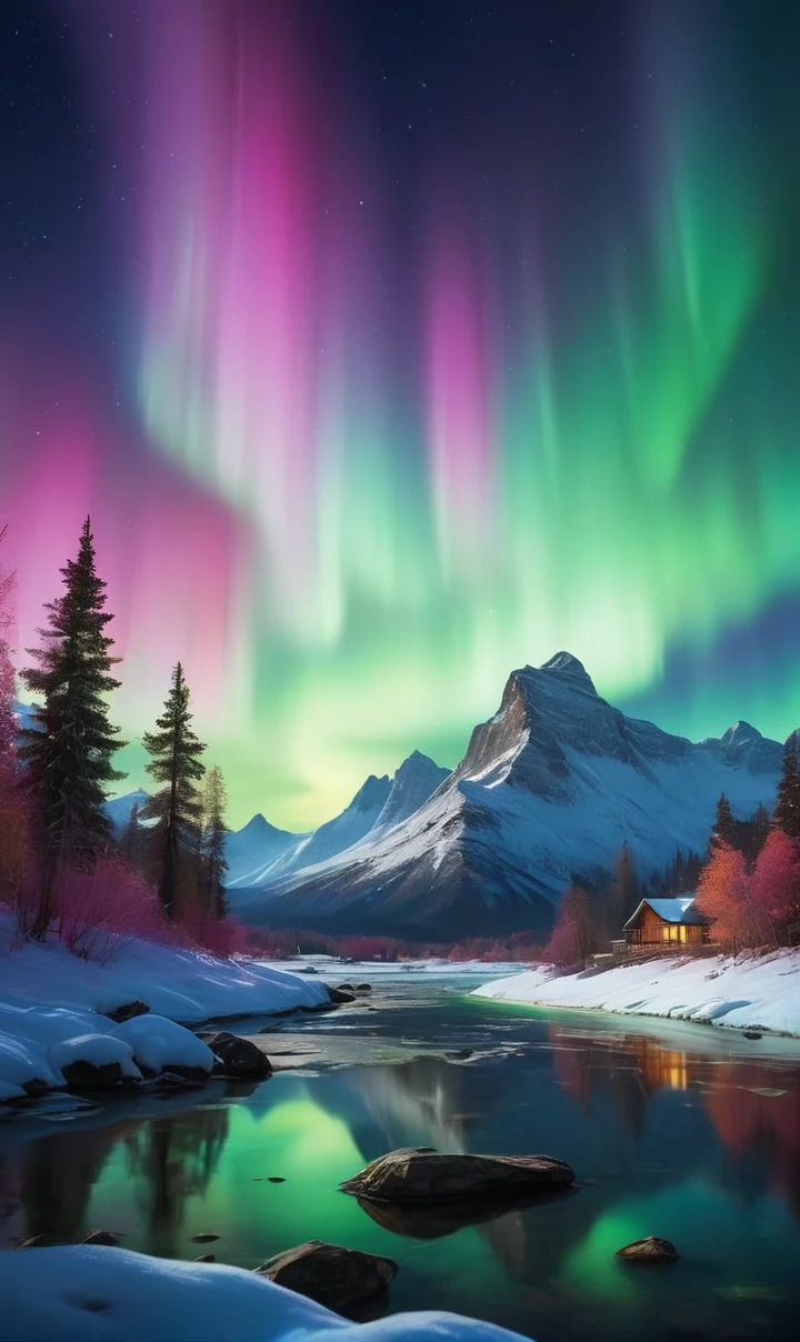 （Highest quality、High resolution，masterpiece：1.2）、Realistic、
Very detailed、Realistic，landscape、colorful、Vibrant colors、Fascinating lighting、Ethereal atmosphere、Breathtakingly beautiful aurora filling the sky、Vibrant colors blend seamlessly、The finer details、Textured brushwork、A fascinating scene、Calm and peaceful、Awe-inspiring natural phenomena、A majestic mountain in the background々I can see、Snow covered ground、Stars shining in the sky々、Distant trees against a vibrant sky々The silhouette of、Magical、Otherworldly atmosphere、Cold, clear air、The delicate and graceful movements of the Aurora、A breeze rustling the leaves、A sense of stillness and wonder