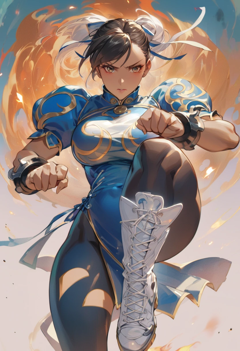 Arafe woman chun-li solo with ponytail haighting Game Fightetness Model、Big breasts about to burst、No exposed skin、thin and long legs,、Fitness Body Shape、Pose ready to fight、battle look, close up