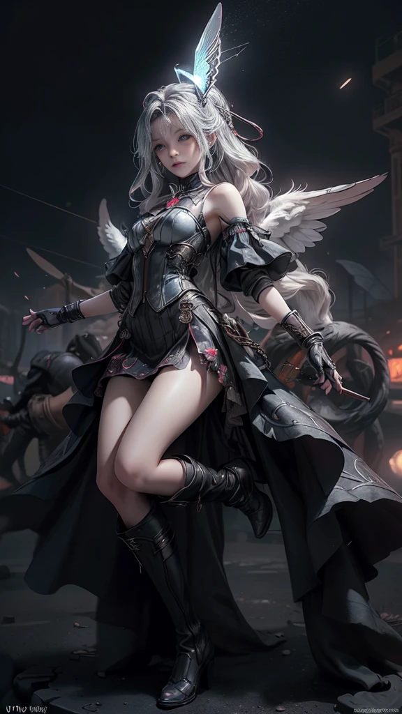 ((Highest quality)), ((Truly a masterpiece)), ((Ultra-detailed:1.4)), ((Ultra-Photorealistic 3D)), Android Magical Girl, Mechanical body, Dynamic action poses for battle scenes, Very complex and heavy fighter aircraft mechanical armament, Off-the-shoulder fashion that combines steampunk and gothic lolita with attention to detail, Intricate steampunk headgear, Very thin、Over-the-knee reggae mechanical boots、Fluttering lace flare mini skirt、 Beautiful small breasts directed upwards、Swaying in the Wind、Long, curly silver hair,、Countless large, shining spheres fly around、Lots of sparks cross and fly、Countless neon lights pouring down from the magical pose、Complex and precise mechanical Night City、Very dark background、Very dramatic and cinematic lighting、Big wings on the back8Growing in Sheets。