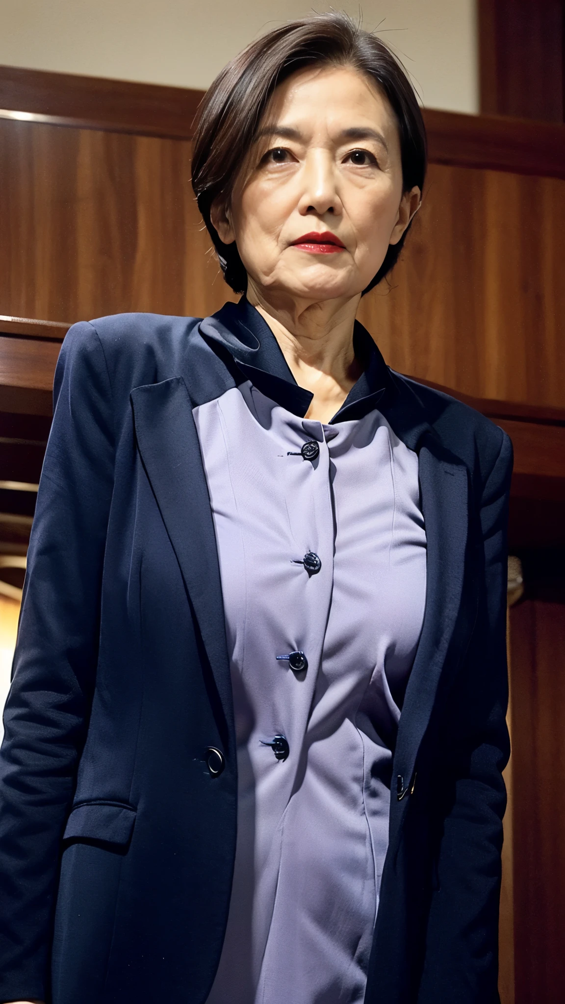 masterpiece, ((Great Focus)), 32K, Beautiful finish, Beautiful mature woman, 65-year-old woman, Photo of your ID, Member of Parliament, Congressman Badge, View from the front, A disdainful look, Cool look, Red lips, Thin lips, suit, Light from the front,