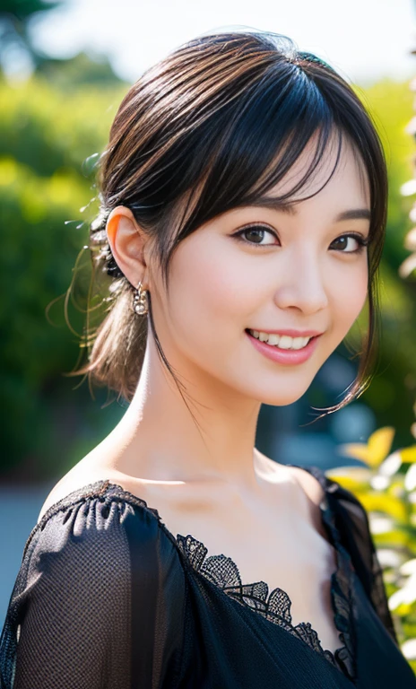 (a gorgeous lady, age 20s, classic black dress that exudes timeless elegance, versatile and sophisticated, posing naturally in a Chinese Garden under night sky, kind smile, dimpled cheeks, short ponytail, short bob hair, cute snaggleteeth, ample round bosom, perfect body anatomy, photorealistic, beautiful detailed eyes, hyper-realism, high contrast, ultra HD, realistic skin textures, top image quality, top-quality, super high resolution, fine details, very meticulously, high angle shot, medium shot, cowboy shot, bokeh background, SFW)