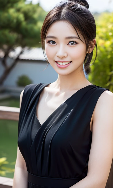 (a gorgeous lady, age 20s, classic black dress that exudes timeless elegance, versatile and sophisticated, posing naturally in a Chinese Garden under night sky, kind smile, dimpled cheeks, short ponytail, short bob hair, cute snaggleteeth, ample round bosom, perfect body anatomy, photorealistic, beautiful detailed eyes, hyper-realism, high contrast, ultra HD, realistic skin textures, top image quality, top-quality, super high resolution, fine details, very meticulously, high angle shot, medium shot, cowboy shot, bokeh background, SFW)