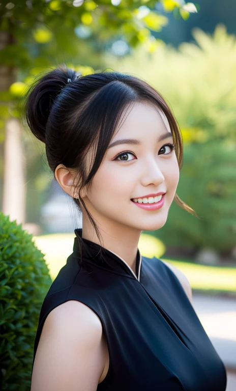(a gorgeous lady, age 20s, classic black dress that exudes timeless elegance, versatile and sophisticated, posing naturally in a Chinese Garden under night sky, kind smile, dimpled cheeks, short ponytail, short bob hair, cute snaggleteeth, ample round bosom, perfect body anatomy, photorealistic, beautiful detailed eyes, hyper-realism, high contrast, ultra HD, realistic skin textures, top image quality, top-quality, super high resolution, fine details, very meticulously, high angle shot, medium shot, cowboy shot, bokeh background, SFW)
