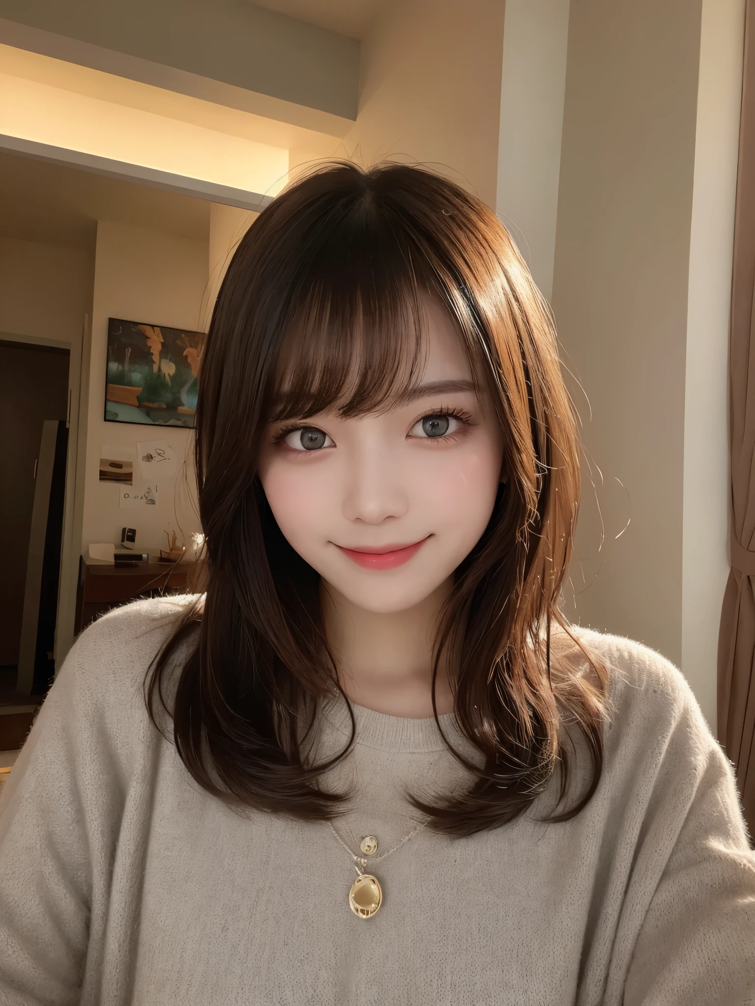 masterpiece, best quality, illustration, ultra-detailed, finely detailed, high resolution, 8K wallpaper, perfect dynamic composition, beautiful detailed eyes, at home, casual clothing, long hair, calm expression, cute, smile, looking at camera