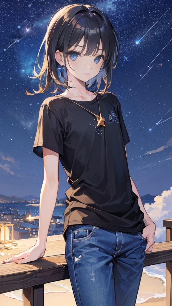 absurdres, highres, 30 years old、masterpiece, best quality, ultra-detailed 8k wallpaper, (detailed beautiful face):1.2, (detailed beautiful eyes)1:1, (1 boy:1.6), solo, (He’s looking at us:1.2), black hair, (summer triangle:1.3), The Star Festivalshining sky, shirt、Jeans、distant horizon, clouds, natural beauty, (night sky, Shining Stars:1.5), (summer triangle:1.5), Residential area seen from balcony, Residential area in the distance, BREAK (very wide:1.3),(panorama view:1.3),(sense of depth:1.5),(long shot:1.3),(magnificent view:1.3)