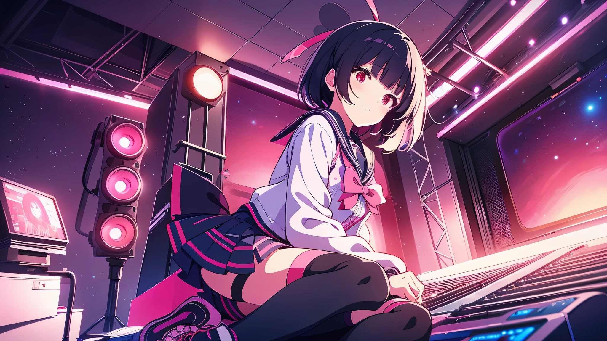 beautiful girl incredible quality 4k vtuber with red eyes multiple color blue and black hair with pink ribbon Short pleated skirt sailor style blouse long sleeve white long stockings pink tennis shoes with black vtuber youtuber in room recording studio PC gamer in the background with microphone and cyberpunk LED lights 