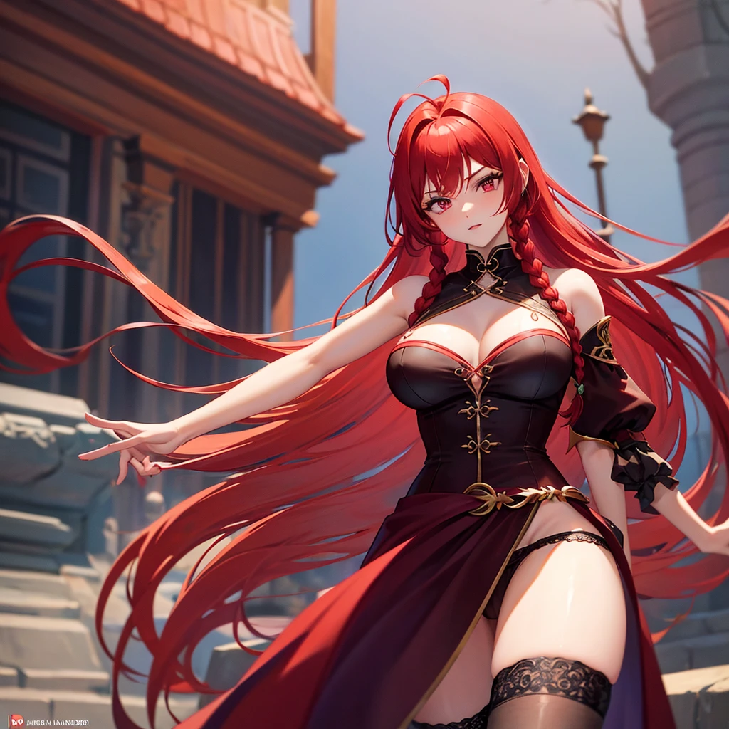 Red hair princess with braid on the side of her hair , with fierce eyes , red eye in short dark purple princess dress, showing very sexy panties. Long dark socks, . Hottie with big breasts. Em pé meia longa preta de salta preto. Imagen do fundo de uma castelo
