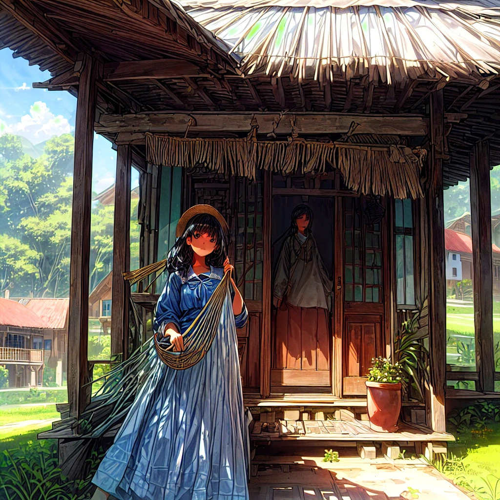 a close up of a house with a hammock on the porch, outside view, ecovillage, village house, colonial house in background, frontview, frontal picture, malika favre, by Felipe Seade, by Nándor Katona, rural, with a front porch, frontal shot, small houses, coban, complete house, colombian, beautiful image