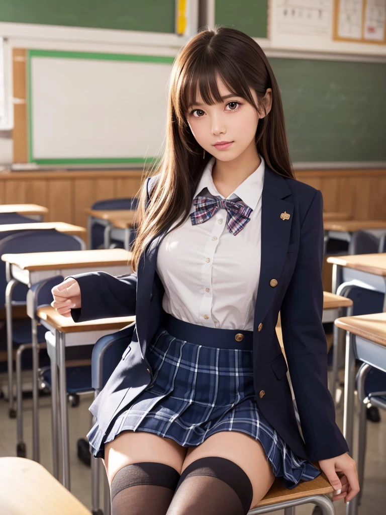 masterpiece,Highest quality,Very detailed,High resolution,(Realistic, photoRealistic:1.37),Excellent anatomy, One beautiful woman,20-year-old,Height: 152cm,high school girl,Crying a little,Gravure idol, high school girlの制服,blazer,(shape),Checkered Pleated Micro Mini Skirt,Navy blue knee-high socks,garter belt,huge,Disheveled uniform,((Very delicate and beautiful)),((High school classroom:1.2)),locker room,Schoolyard,Brown Hair,Long Bob Hair,bangs,Very beautiful face,Cute type,Big Natural Color Lip,Small and cute nose,Big and pretty eyes,Brown eyes,Obvious double,Shiny highlight spots around the eyes,Character Focus,Tilt your head,The best light,Best Shadow,mysterious,Perfect Face,Very detailed, Soft Skin,(Glowing Skin, Sweaty: 1.3),Beautiful feet,Voluptuous thighs,Plump body,hugeな胸,(Expresses the roundness and softness of the chest area.........1), Beautiful body,(The perfect woman),Bold sexy pose,Gravure idolのポーズ