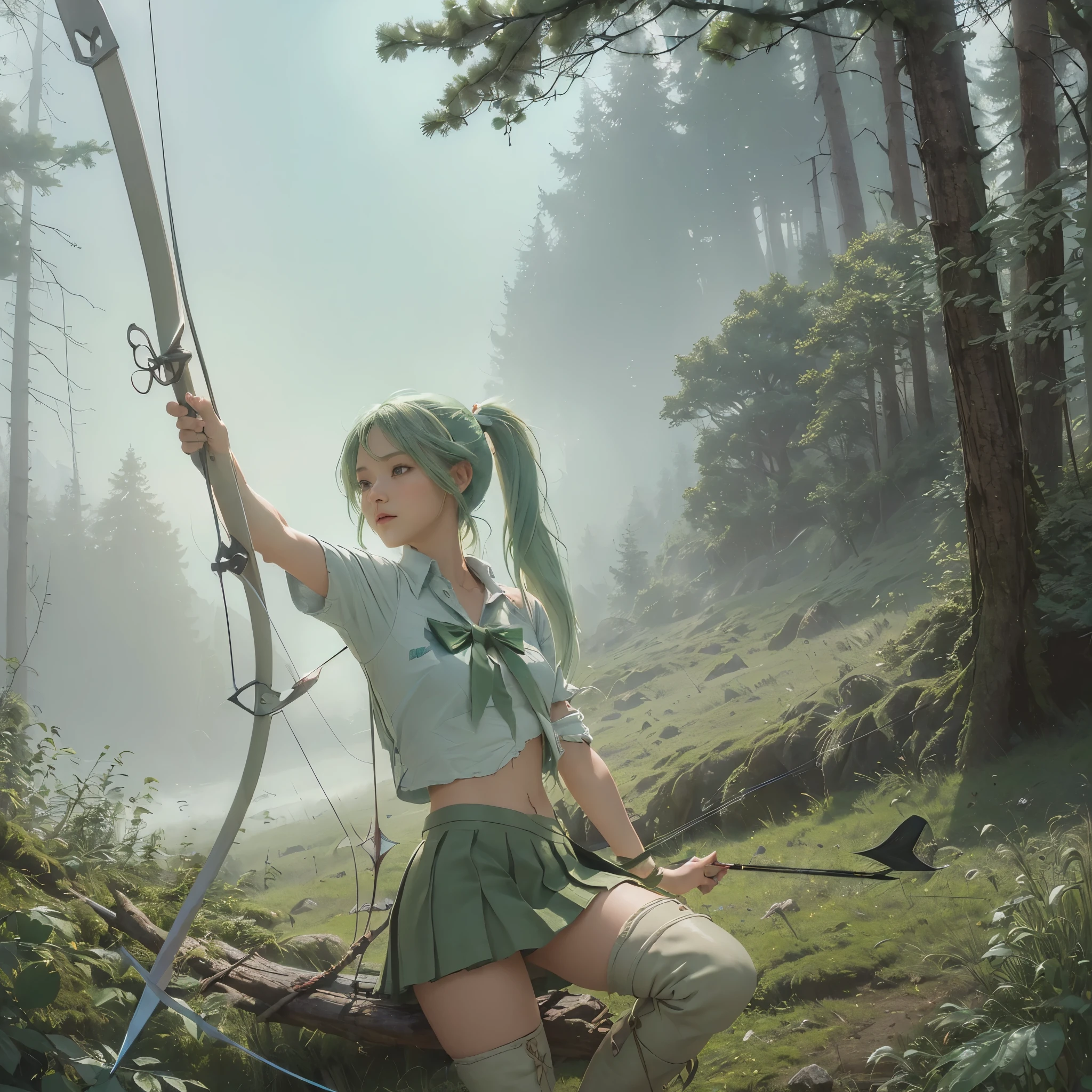 ((RAW photo), absurd, (absurdresolution)), masterpiece, best quality, (Extremely detailed 8k unity CG wallpaper), (best illustration), (best shadow), Realistic lighting, beautiful detailed glow, ((cute athletic girl, torn pleated miniskirt, torn blanket shirt, over the knee boots)), (leaning over, left leg bent, right leg straight), looking at the HORIZON over her shoulder, (((holding bow and arrow, rope visible, forest hunter))), (light green hair, pigtails), (perfect, defined, sharp pupil), wind, ((background: moss and fog trees, clear sky)), ((From the side, view from below))