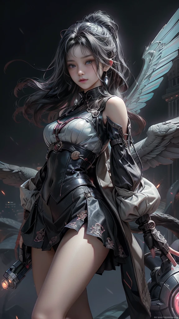 ((Highest quality)), ((Truly a masterpiece)), ((Ultra-detailed:1.4)), ((Ultra-Photorealistic 3D)), Android Magical Girl, Mechanical body, Dynamic action poses for battle scenes, Very complex and heavy fighter aircraft mechanical armament, Off-the-shoulder fashion that combines steampunk and gothic lolita with attention to detail, Intricate steampunk headgear, Very thin、Over-the-knee reggae mechanical boots、Fluttering lace flare mini skirt、 Beautiful small breasts directed upwards、Swaying in the Wind、Long, curly silver hair,、Countless large, shining spheres fly around、Lots of sparks cross and fly、Countless neon lights pouring down from the magical pose、Complex and precise mechanical Night City、Very dark background、Very dramatic and cinematic lighting、Big wings on the back８Growing in Sheets。

